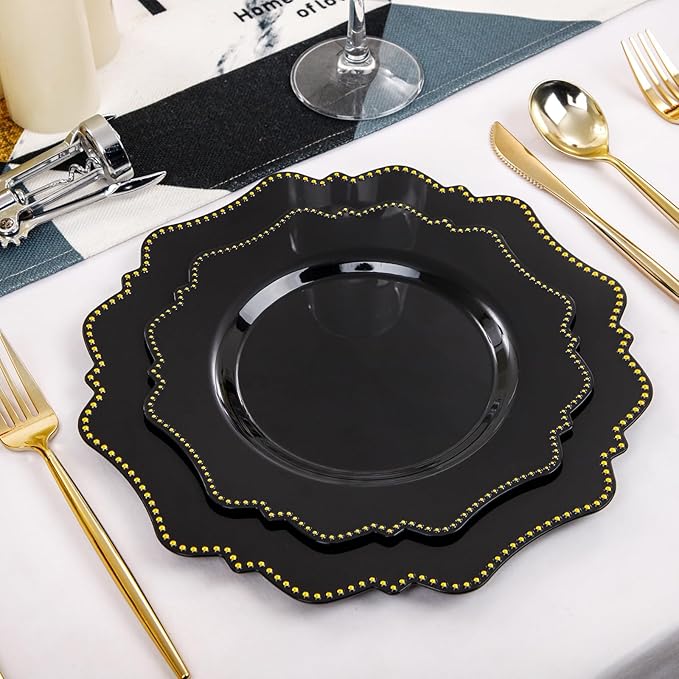 COLOSUS 60pcs Black and Gold Plastic Plates Set, Gold Black Party Plates, 30pcs Dinner Plates and 30pcs Salad/Dessert Plates for Wedding, Party, Anniversary, Daily Use