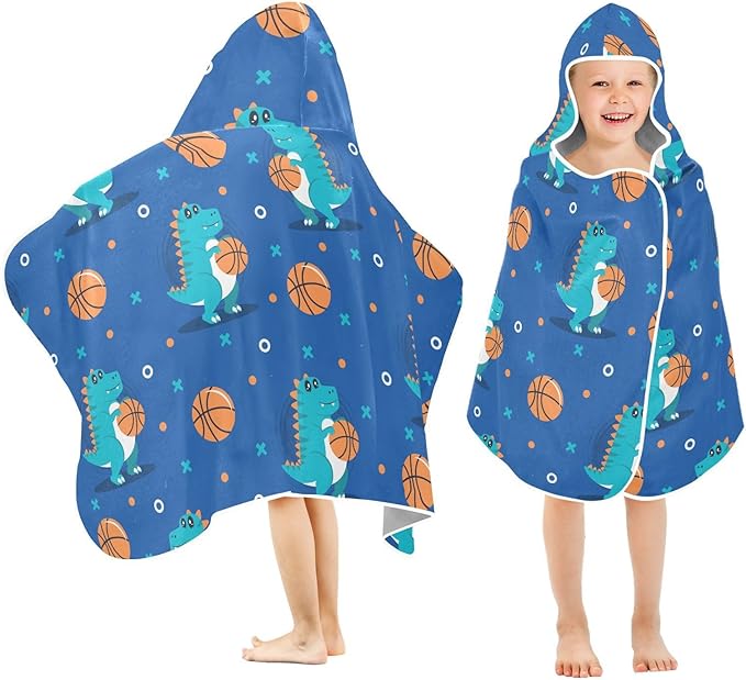 susiyo Kids Hooded Bath Towel Dinosaur Play Basketball Beach Towel for Kids 23.5 x 50 Inch Microfiber Soft Absorbent Quick Dry Bath Swim Pool Towel Wrap Poncho Bathrobe with Hood for Kids Toddler