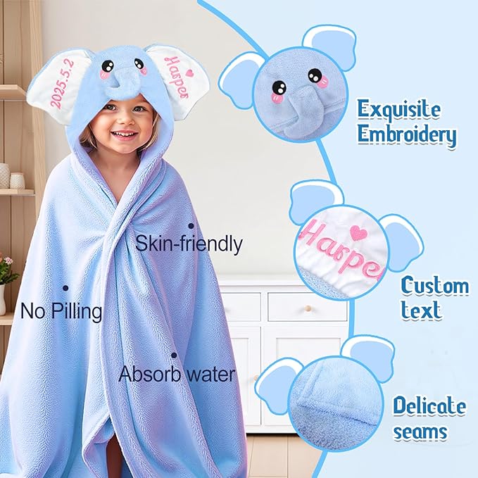 Baosity Custom Hooded Baby Towel with Name, Personalized Soft Absorbent Elephant Bath Towels, Shower Towels for Girls Boys, Easter Brithday Christmas for Baby, Toddler, Newborn Essential