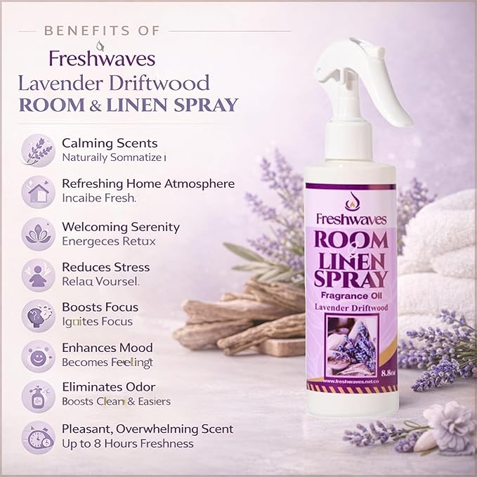 Freshwaves Room & Linen Spray | Lavender Driftwood | White Trigger Air Spray Freshener | Odor Eliminator | Air Freshener Spray | 8.8oz