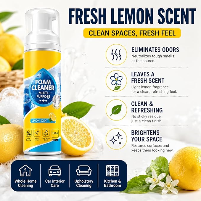 Multi-Enzyme Foam Cleaner Spray (5oz), Deep Cleaning No-Rinse Multi-Surface Foam for Car Interior, Sofa, Kitchen & Bathroom, Lemon Scent (2)