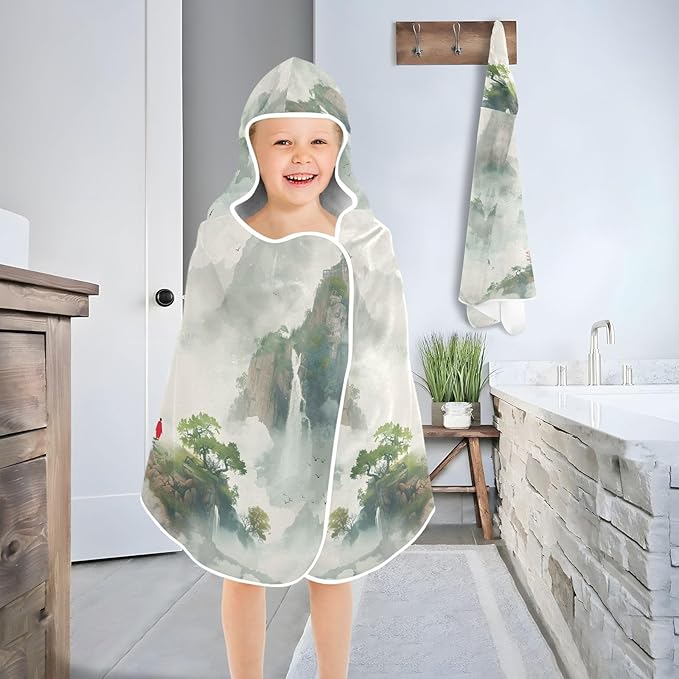 Hooded Towel for Kids Quiet Landscape Painting Beach Wrap Bath Towels 50x23.5in