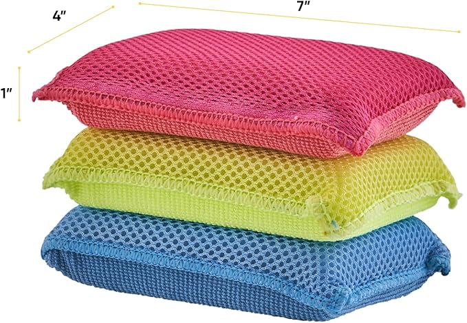 Superio Miracle Microfiber Sponges for Kitchen 3-Pack Red Yellow Blue, Kosher Non-Scratch Sponge Scrubber Heavy Duty Multi-Purpose Cleaning of Dishes, Pots, Pans and Counter tops, Machine Washable
