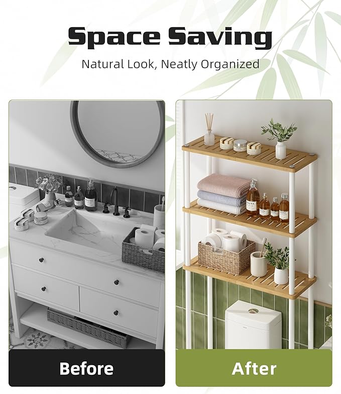 LiSHELF Bamboo Over The Toilet Storage Shelf 3-Tier Bathroom Organizer Rack Freestanding Above Toilet Shelves Space Saver for Small Bathroom, Laundry, White