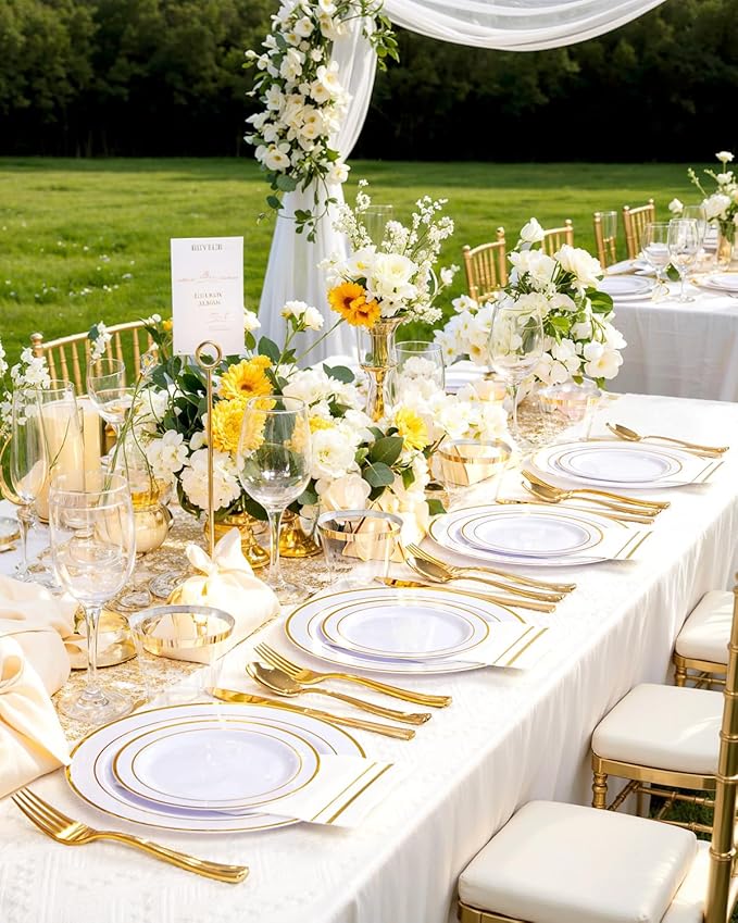 GATHER 350PCS Gold Plastic Plates - White and Gold Disposable Plastic Dinnerware Set Include 50 Dinner Plates, 50 Dessert Plate, 150 Silverware, 50 Napkins, 50 Cups for Party & Wedding