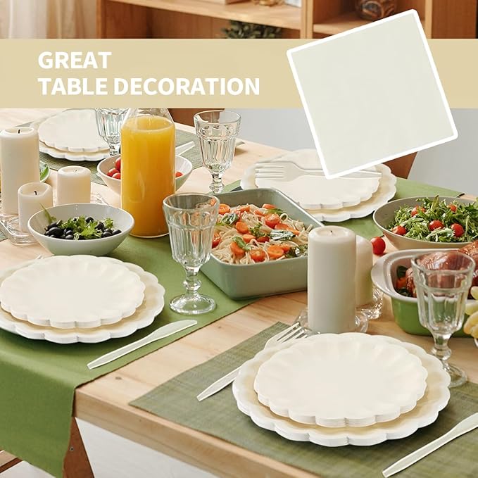 168Pcs Party Plates and Cups and Napkins Sets for 24 Guest Scalloped Paper Plates and Napkins Knives Spoons Forks Cups Disposable Party Set Cutlery for Dinner Baby Shower Wedding Favor(Cream White)