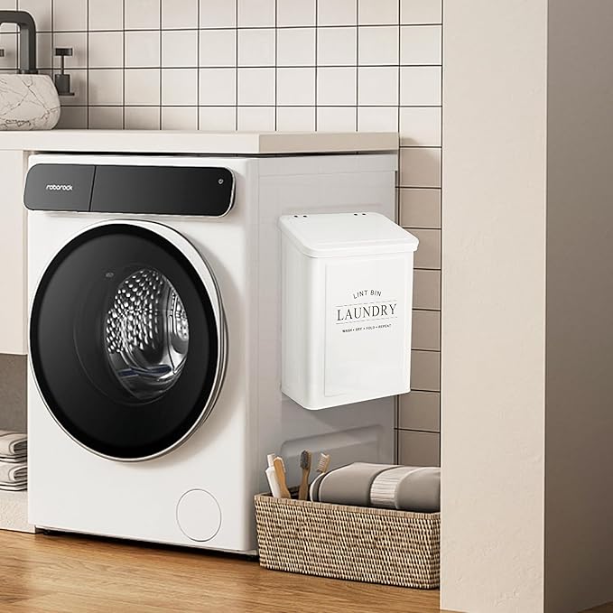 Magnetic Lint Bin for Laundry Room, Metal Lint Container with Lid and Brush, Wall Mounted Lint Box for Dryer, Farmhouse Laundry Room Decor, White