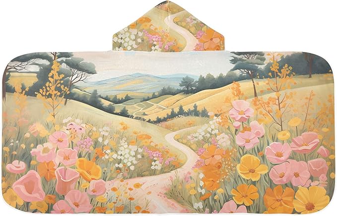 Hooded Towel for Kids Floral Path Painting Beach Wrap Bath Towels 50x23.5in
