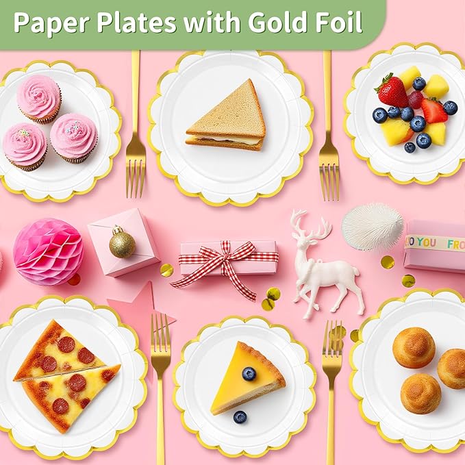 50 Pcs White Paper Plates, 25 Pcs 9" and 25 Pcs 7" Disposable White Scalloped Plates with Gold Foil for Graduation Wedding Baby Shower Birthday Party Picnic BBQ