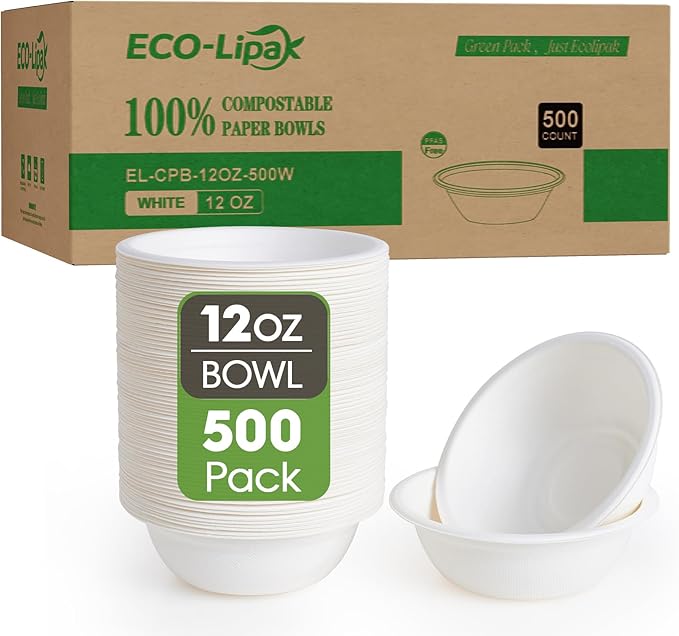 ECOLipak 500 Pack 12 oz Paper Bowls Disposable, Heavy-Duty Biodegradable Compostable Bowls Made of Natural Sugarcane Bagasse, Suitable for Salad, Dessert, Milk, Cereals