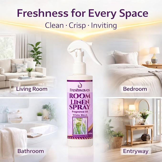 Freshwaves Room & Linen Spray | White Birch Fragrance Oil | 8.8oz Air Freshener | Odor Eliminator for Living Room, Bedroom, Bathroom & Office | White & Purple Bottle