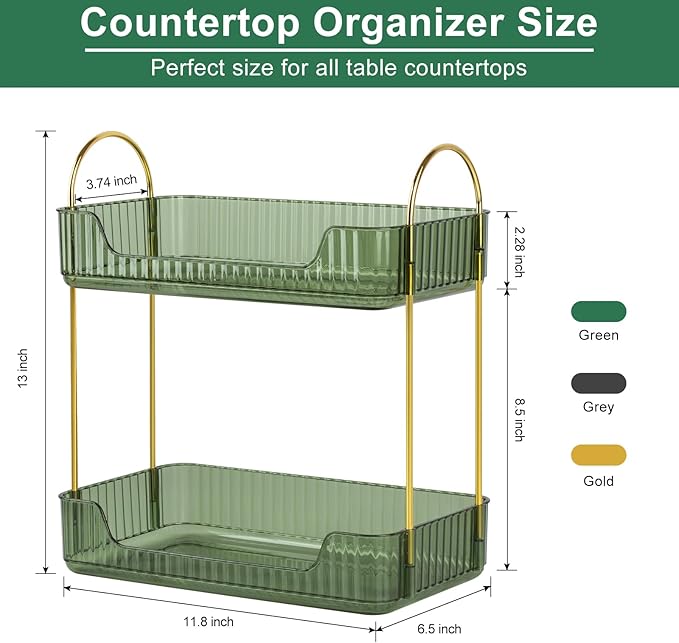 Bathroom Counter Organizer Skincare Organizer Perfume Holder for Dresser Countertop Shelf Bathroom Countertop Tray for Cosmetic Skin Care Lipstick (Green 2-Storey)