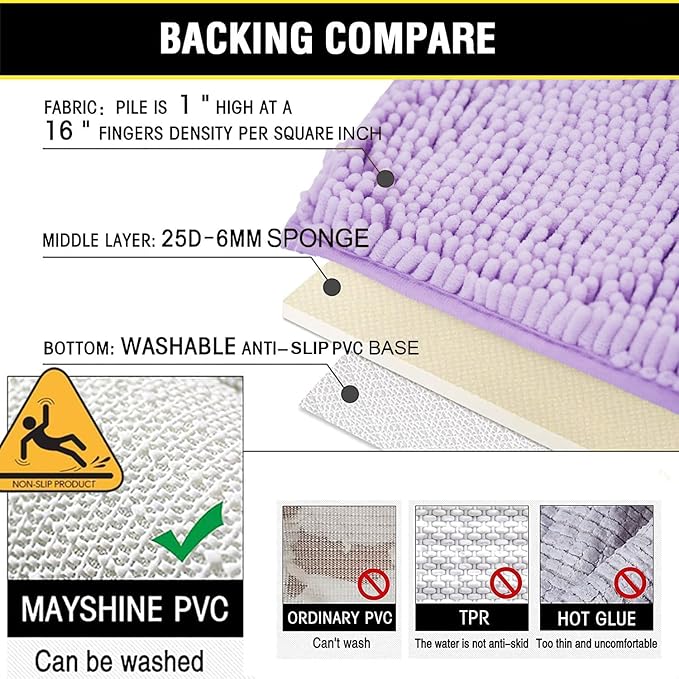 BOANKODU Bath Mat Set, 2-Piece Very Soft Chenille Bathroom Rugs, Non-Slip, Machine Washable (Lavender, 32x20 Inch U-Shaped + 20x20 Inch)