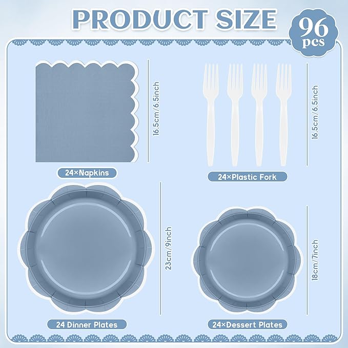96 Pcs Dusty Blue and White Paper Plates and Napkins Set, Tableware set for 24 Guest include Baby Blue Dinner Plates with White Scalloped Edge, Napkins and Forks for Baby Boy Shower, Wedding, Birthday