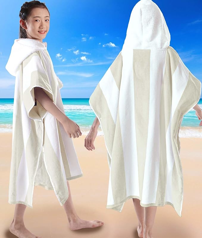 VOOVA & MOVAS Hooded Poncho Towel for Teens Unisex 100% Cotton Minimalist Versatile Beach Camping Bath Cover Up Beige White Bold Stripe