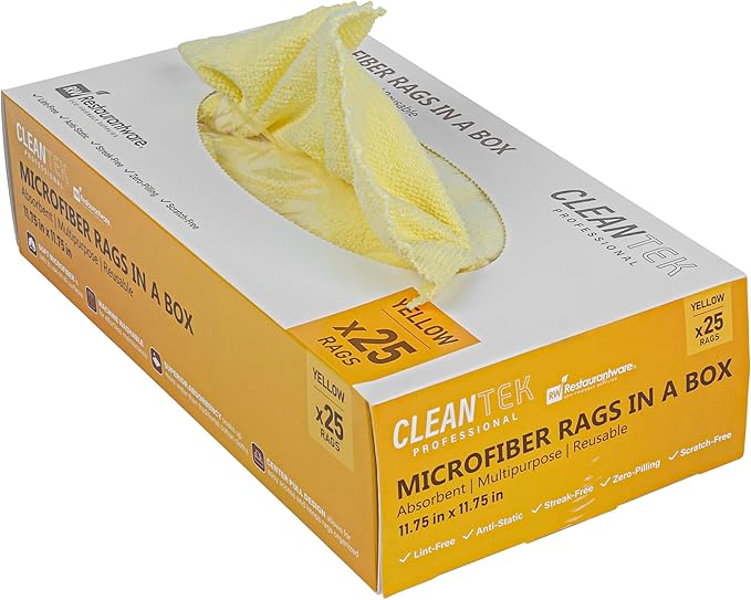 Restaurantware-Clean Tek Professional 11.81 x 11.81 Inch Microfiber Rags In a Box, 25 Absorbent Cleaning Cloths - No-Scratch, Yellow Microfiber Reusable Edgeless Cleaning Towels, Leaves No Streak