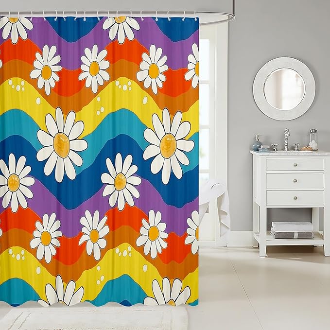 70S Groovy Flower Bathroom Curtain 72"Wx72"L,Boho Rainbow Floral Bath Curtain for Kids Boys Girls,Hippie Flowers Bohemian Daisy Shower Curtain Retro Funky Decor Bathroom Decor Set 2000S Home Decor