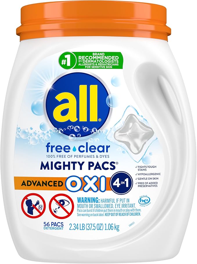 all Laundry Detergent Pacs, Mighty Pacs with OXI Stain Removers and Whiteners, Free Clear, Unscented and Dye Free, 56 Count