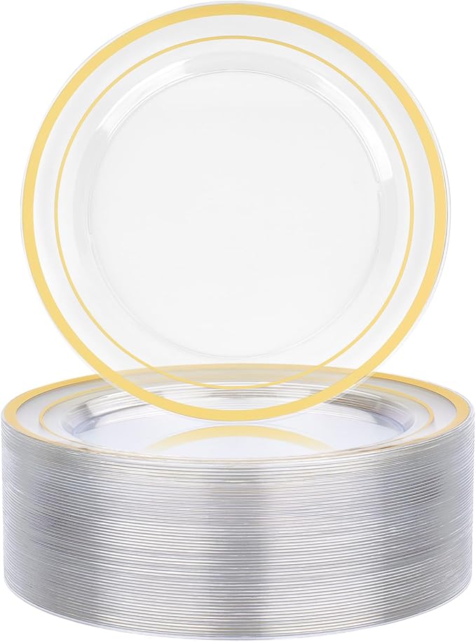 BESTVIP 50PCS 7" Clear Gold Plastic Plates, Small Disposable Salad Dessert Plate with Gold Rim, Heavy Duty Disposable Plastic Plates for Party, Wedding and Birthday, Events