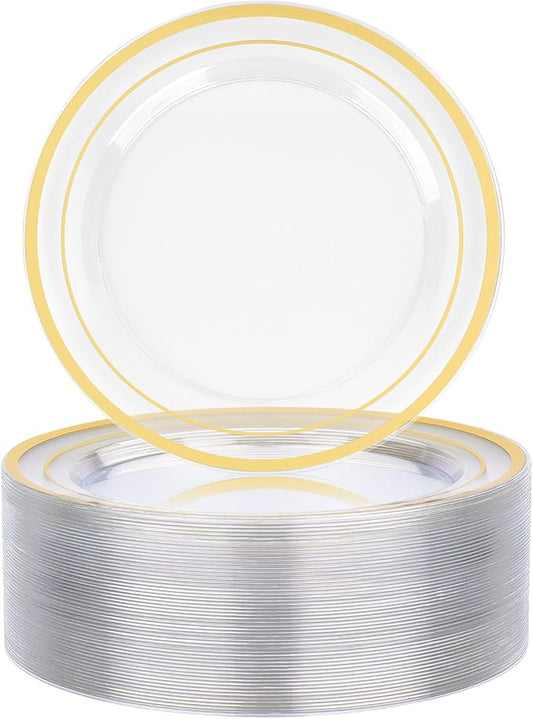 BESTVIP 50PCS 7" Clear Gold Plastic Plates, Small Disposable Salad Dessert Plate with Gold Rim, Heavy Duty Disposable Plastic Plates for Party, Wedding and Birthday, Events