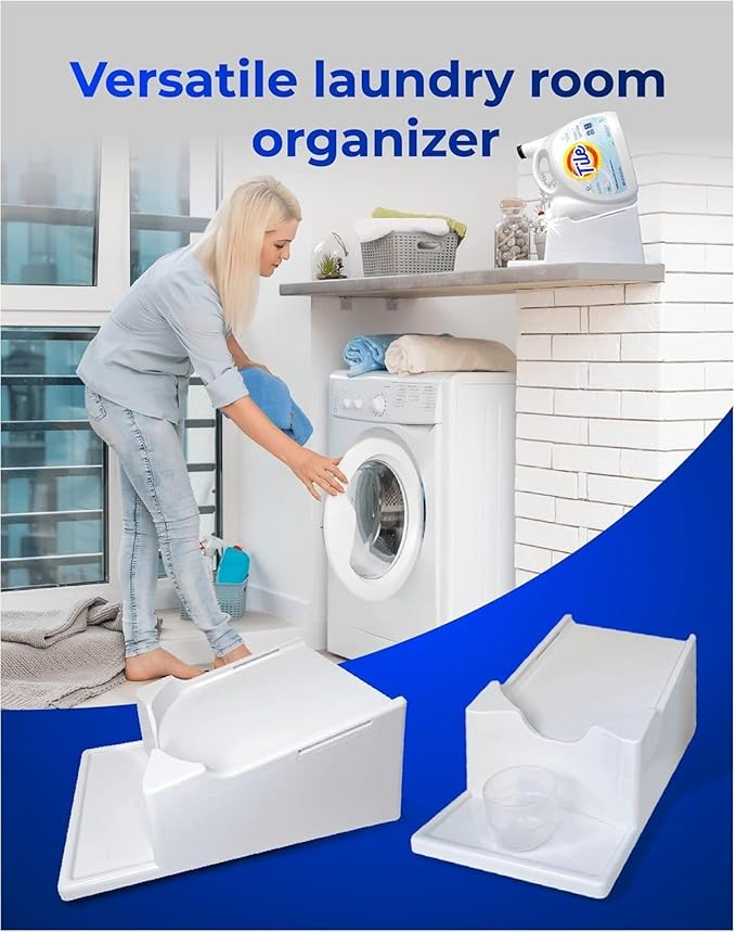 Skywin TidyFriend Liquid Laundry Detergent Holder Stand with Strap, Drip Tray & Rubber Feet, Stand for Laundry Room Organization and Storage, Fabric Softener Dispenser Holder for Easy Pouring (White)