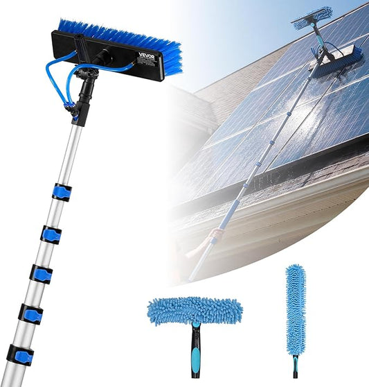 VEVOR Solar Panel Cleaning Kit, 33 ft, Water Fed Pole Kit with Cleaning Brush, Soap Dispenser, Extendable Aluminum Telescopic Pole, 180° Rotatable Brush Head, for Roof Mounted Solar Panels, Windows