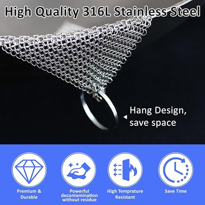 316L Stainless Steel Cast Iron Cleaner, Chainmail Scrubber,Kitchen Tool,Chain Mail Scrubber Cast Iron,for Hard Anodized Cookware, Pre-Seasoned Pans etc (30CM*20CM)