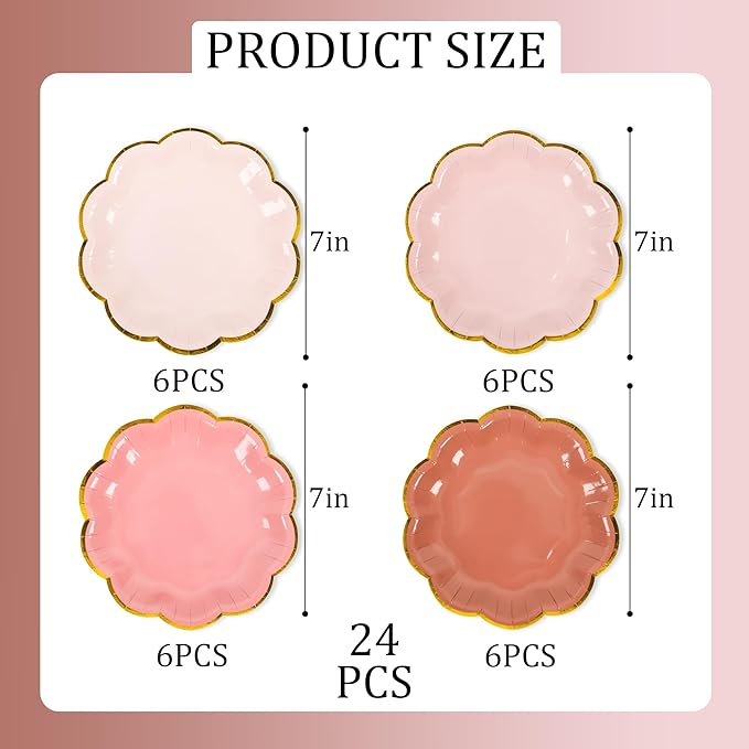 AimFun 24 Pcs Dusty Pink Party Plates Gradient Color Dessert Paper Plate 7inch Gold Foil Scalloped Edge Disposable Cake Plates for Tea Party Birthday Bridal Baby Shower Wedding Party Supplies