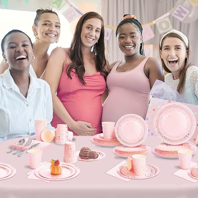 Pink Birthday Plates Baby Shower Party Supplies,168PCS Pink Plates Set with Silver Cutlery for Baby Girl Birthday Party Decorations Serve 24