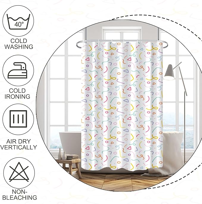 Cute Colorful Doodle Shower Curtains Playful Confetti Shower Curtain Decorative for Bathroom Pastel Waterproof Fabric Bathroom Decorations with Hooks 36x72 Inches
