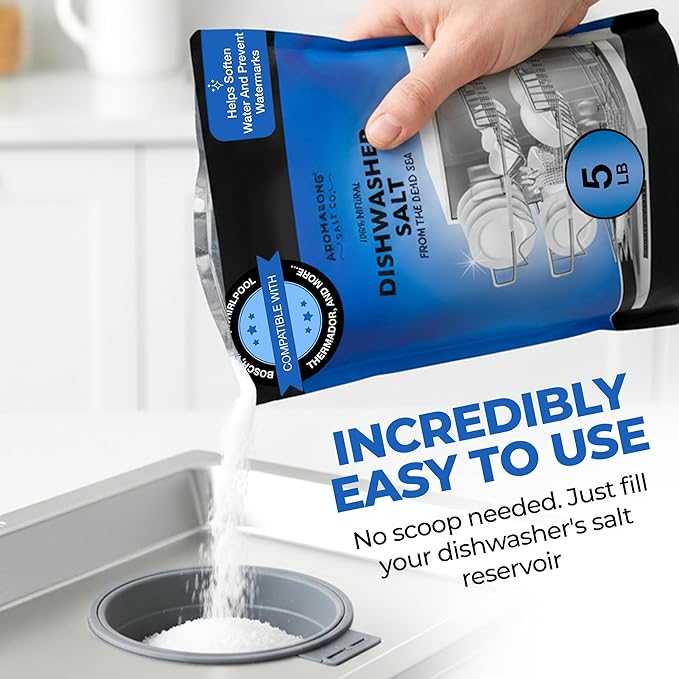 Aromasong Dishwasher Salt 15 LB - 100% Natural Water Softening Agent Compatible with Bosch, Miele, Whirlpool, Thermador, and More... for Cleaner Dishes & Washer Reactivation. (packaging may vary)