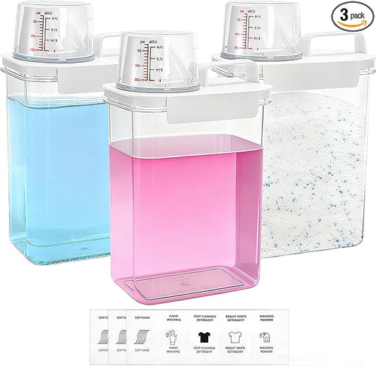 Covzoe 3 Pack Laundry Detergent Dispenser, 61 Oz Plastic Liquid Laundry Soap Containers with 15 Removable Labels, Clear Fabric Softener Dispenser Laundry Powder Holder for Laundry Room