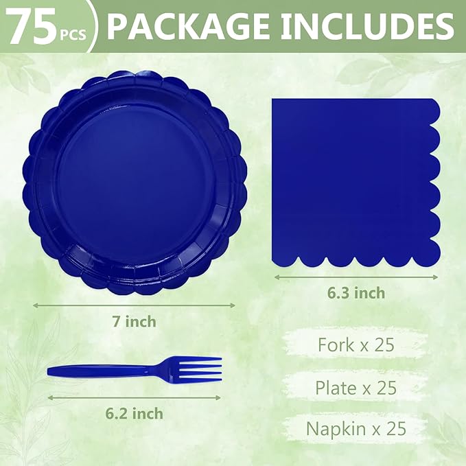 Mulbozy 75 Royal Blue Plates and Napkins Disposable Set Includes 25 Dessert Cake Scalloped Plates, Cocktail Napkins & Forks, for Fork 25 Guests Holiday Party Supplies.