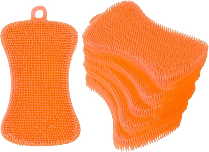 uxcell Silicone Dish Scrubber, 6 Pack Reusable Dishes Sponges Silicone Sponges Double Design for Kitchen Bathroom Cleaning Gadgets Accessories Countertop Cookware Pots Pans, Orange