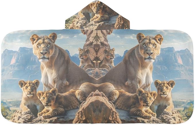 Hooded Towel for Kids Lion Family in Natural Habitat Beach Wrap Bath Towels 50x23.5in