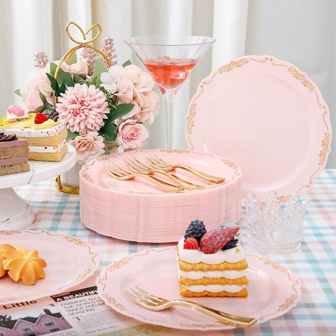 LIYH 100 Pcs Pink Gold Dessert Plates - 100 Pcs Gold Plastic Forks,Cake Plates Disposable with Forks,Appetizer Plates,Bridal Shower Party Plates for Birthday Wedding Party Mothers Day