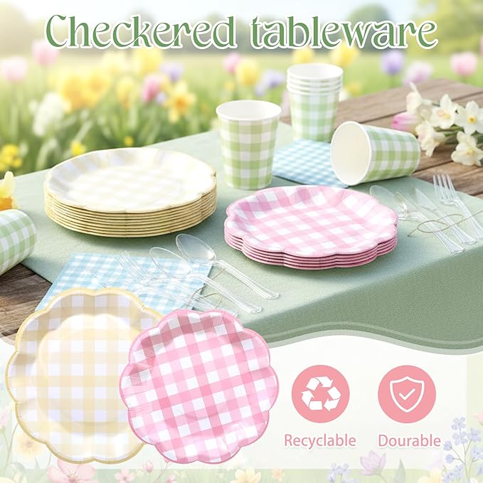 FillTouch 50 Sets Spring Pastel Gingham Disposable Tableware Pink Yellow Paper Plates Green Cups Blue Napkins Clear Knives Forks Spoons for Birthday Baby Shower Wedding Party Decoration