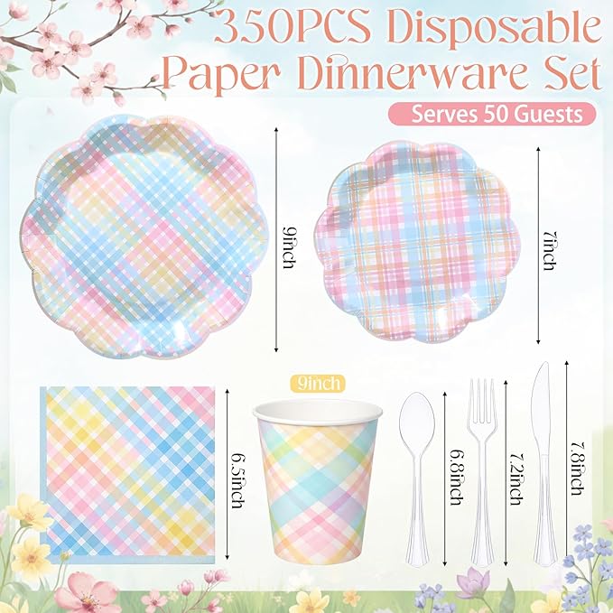 FillTouch 50 Sets Pastel Gingham Disposable Tableware Pastel Paper Plates Cups Napkins Clear Knives Forks Spoons for Birthday Baby Shower Wedding Party Decoration
