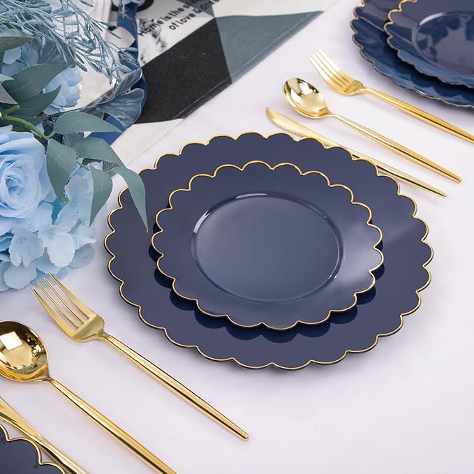LIYH 60 Pcs Navy Blue Plastic Scalloped Plates with Gold Rim, Blue and Gold Disposable Plates for Party Included 30 Dinner Plate 10.25 30 Dessert Plate 7.5 Inch for Memorial Day,Independence Day