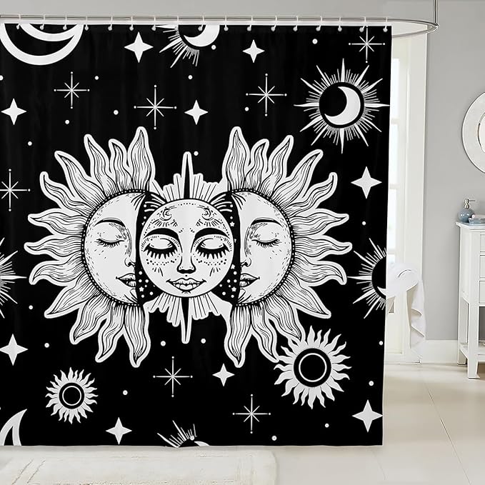 Feelyou Sun Moon Shower Curtain Boho Exotic Bathroom Shower Curtain Setative Bohemian Galaxy Bath Curtain Astrology Space Cosmic Celestial Black White Kids Bathroom Accessories 72"x84"