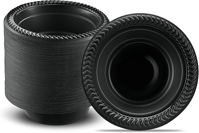 PLASTICPRO 100 PCS Black Plastic Bowls Light Weight 5 oz Small Plastic Soup Bowls Black Salad Dessert Plates Disposable for Party and Wedding