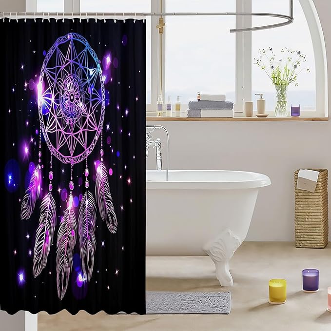 Erosebridal Dream Catcher Feather Shower Curtain, Kids Bohemian Mandala Bath Curtain, Starry Sky Galaxy Shower Curtain Set Boho Tie Dye Exotic Cloth Fabric Bathroom Decor Set With Hooks, 72" W X 84" L