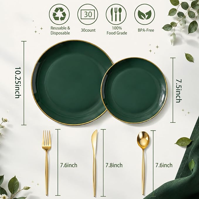 I00000 150Pcs Green Plastic Plates with Gold Rim, Fancy Disposable Plates,Green Plates Set include 30 Dinner Plate,30 Dessert Plate, 90 Plastic Silverware Set for Wedding&Party