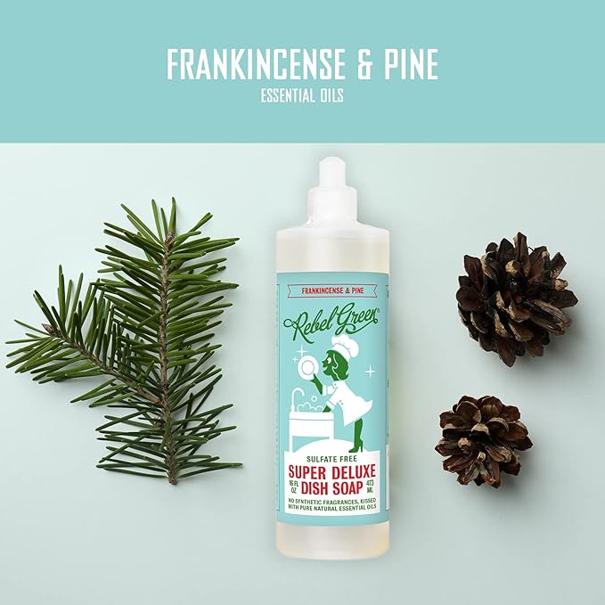 Rebel Green Super Deluxe Frankincense and Pine Scent Dish Soap, Sulfate Free, 16 Ounce (Pack of 4)
