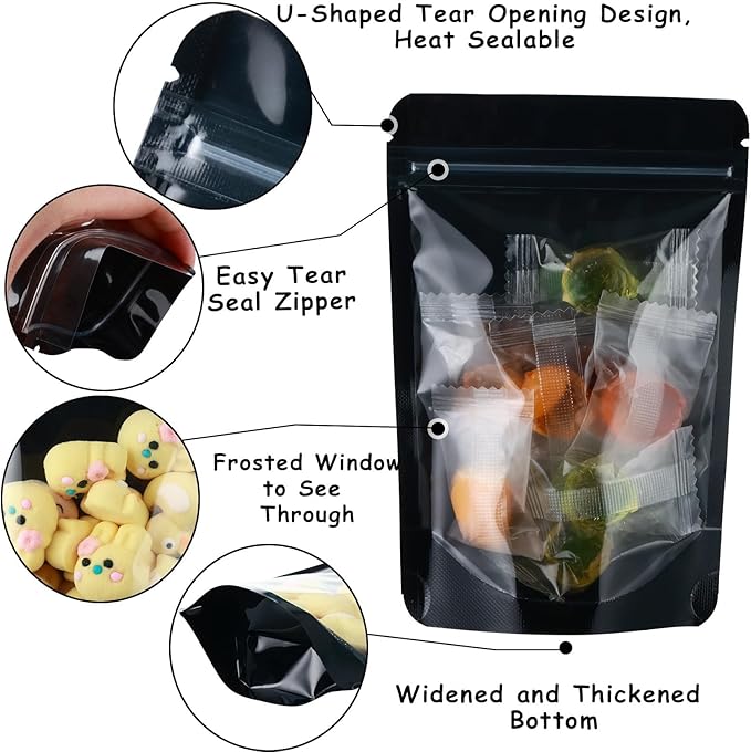 200 Mylar Bags for Food Storage 6X9 Mylar Bags with Window Large Candy Packaging Resealable Bags Black Stand Up Pouches Edible Packaging for Small Business