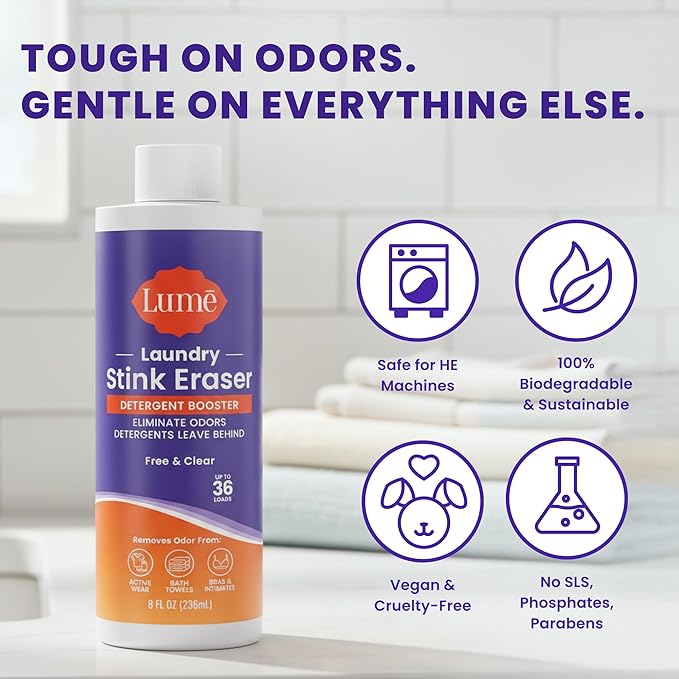 Lume Laundry Stink & Stain Eraser - Detergent Booster & Sink Soak - Eliminates Body Odor In Clothes - Odor Blasting Enzyme Blend - Make Your Detergent Work Better - Free & Clear - 8 fl oz (2 Pack)
