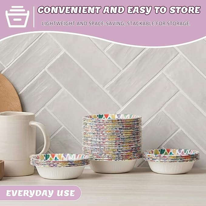 30 Pack Paper Bowls, 16 Oz Disposable Soup Bowl, Heavy Duty Printed Disposable Bowls Bulk For Snacks, Dessert, Breakfast, Lunch And Dinner Meals (Heart Pattern)