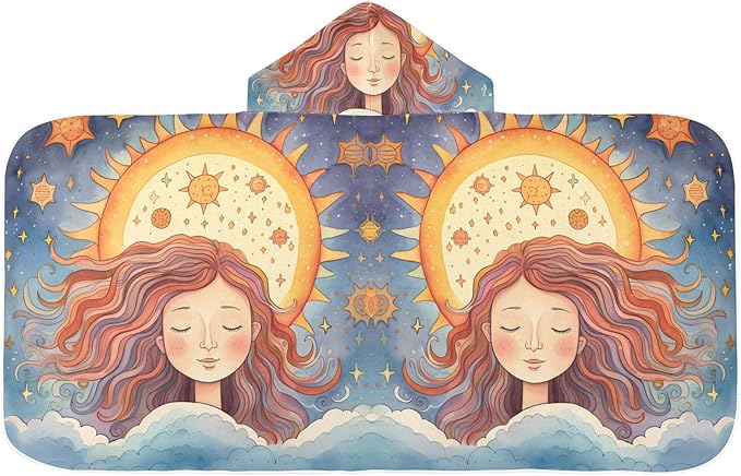 Hooded Towel for Kids Beautiful Girl Meditating Under The Sun Pattern Beach Wrap Bath Towels 50x23.5in
