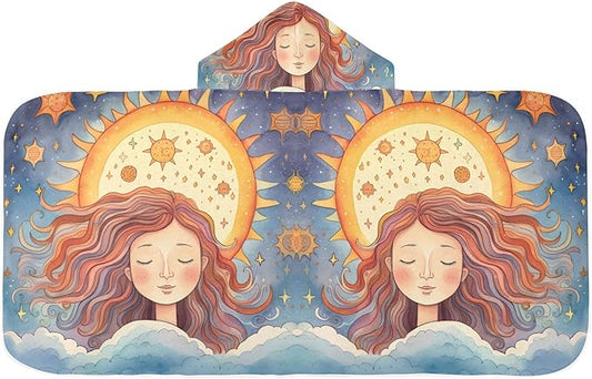 Hooded Towel for Kids Beautiful Girl Meditating Under The Sun Pattern Beach Wrap Bath Towels 50x23.5in