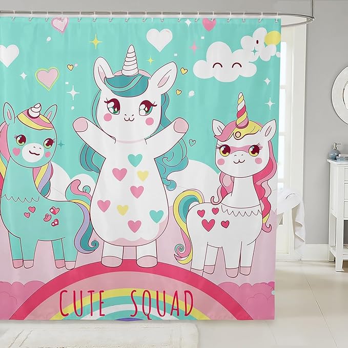 Alpaca Bath Curtain Unicorn Mermaid Waterproof Shower Curtain 72"Wx72"L,Cartoon Animal Cute Sheep Lovely Llama Shower Curtain Set for Kids Girls,Glitter Rainbow Bathtubs Decor Kawaii Ocean Creature
